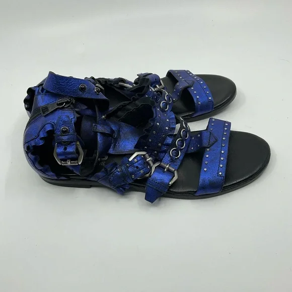 MJUS Prime Metallic Blue Leather Studded Gladiator Sandals - Picture 3 of 7